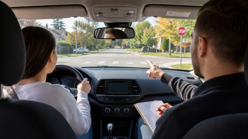 Instructor coaching a student driver through G2 road test shoulder checks on an Ontario street