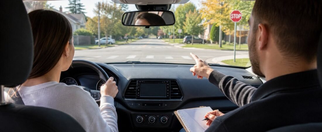 Instructor coaching a student driver through G2 road test shoulder checks on an Ontario street