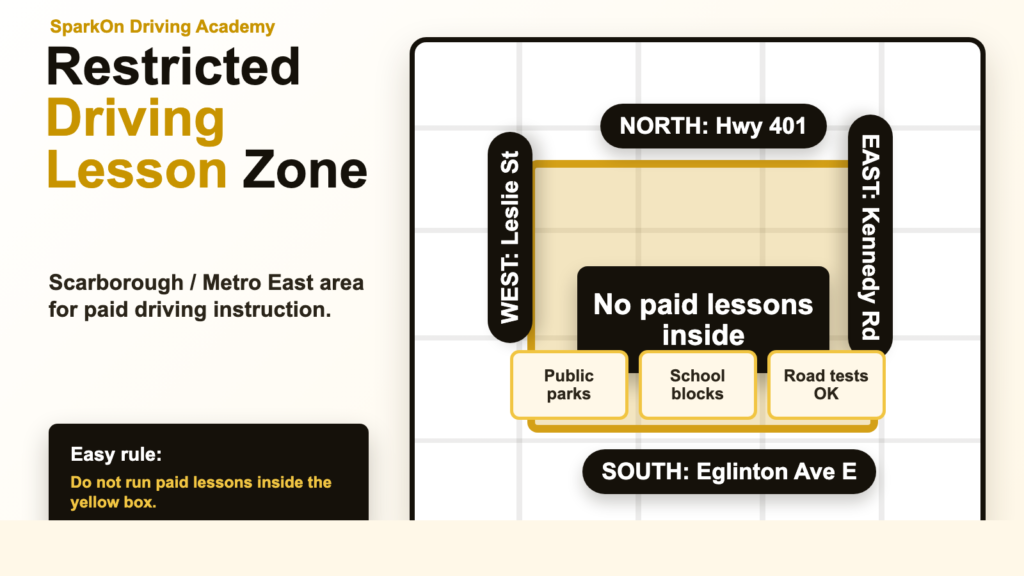 Readable infographic for Scarborough restricted driving lesson zone: Highway 401, Eglinton Avenue East, Leslie Street and Kennedy Road.