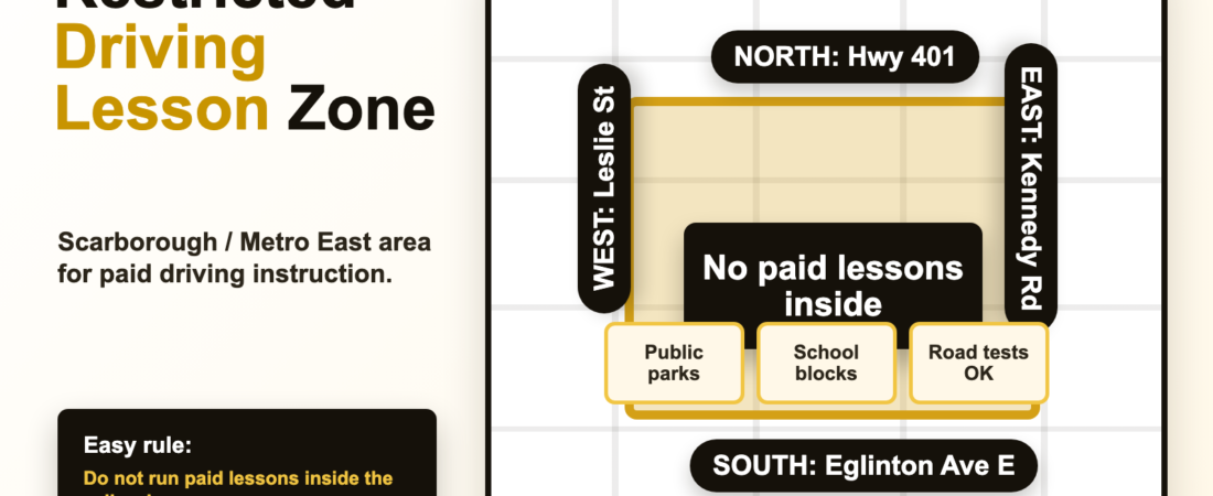 Readable infographic for Scarborough restricted driving lesson zone: Highway 401, Eglinton Avenue East, Leslie Street and Kennedy Road.