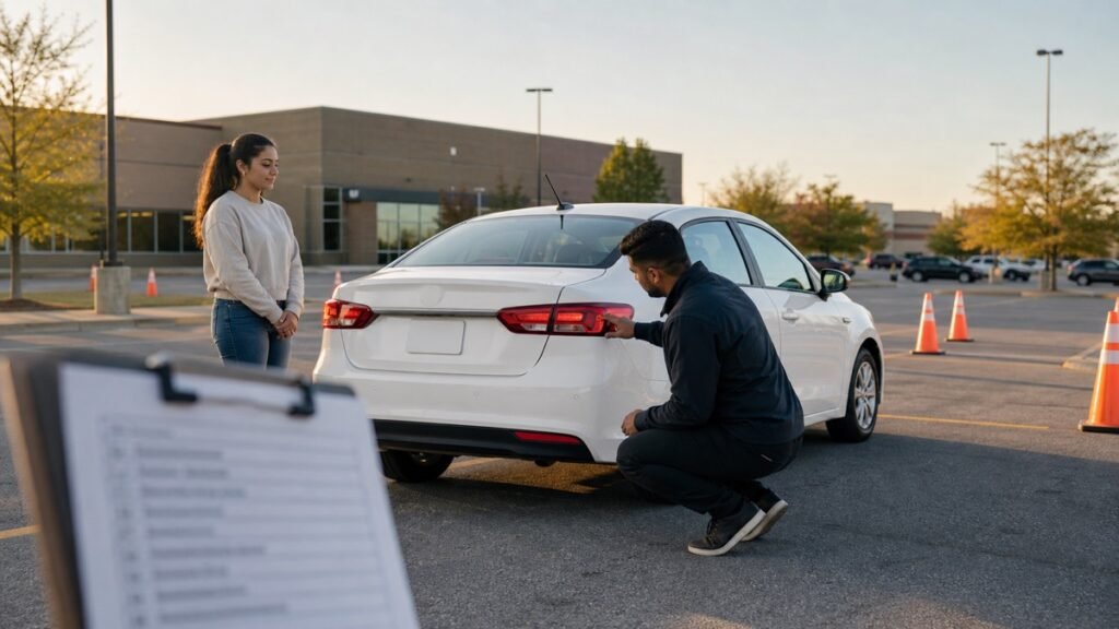 Instructor checking a car brake light before an Ontario road test appointment