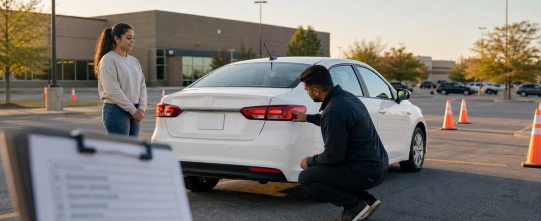 Instructor checking a car brake light before an Ontario road test appointment