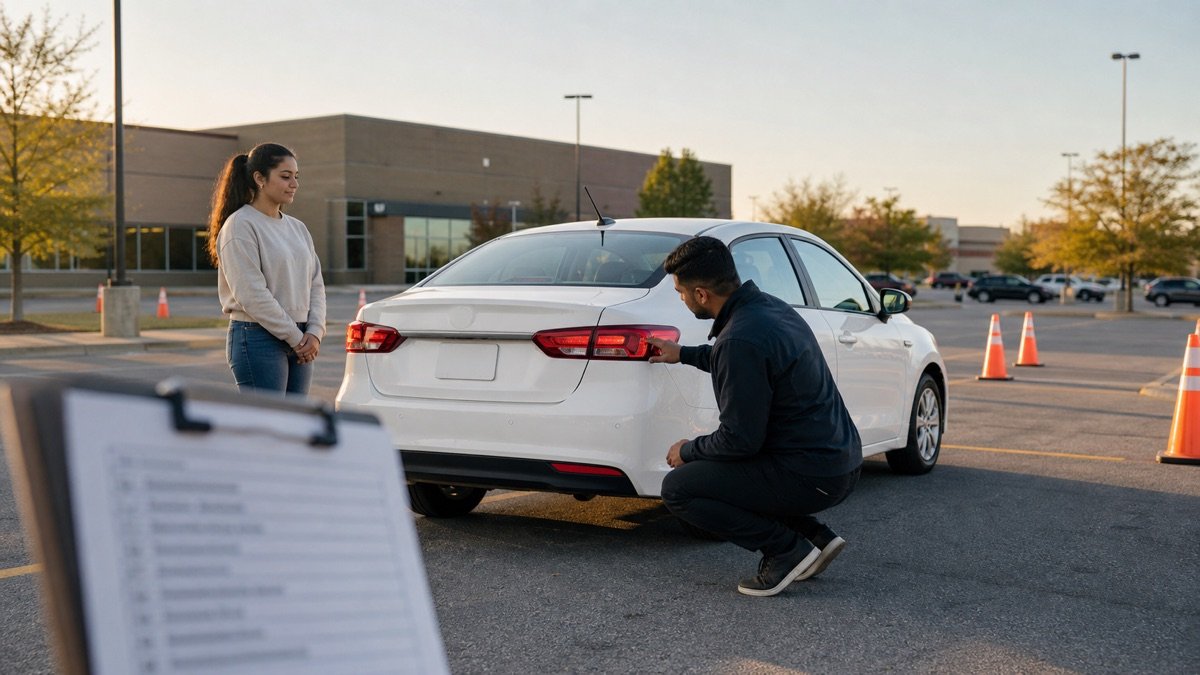 Instructor checking a car brake light before an Ontario road test appointment