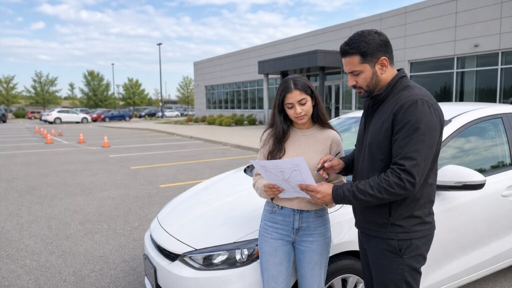 Learner and instructor reviewing a road test route beside a training car at a test centre