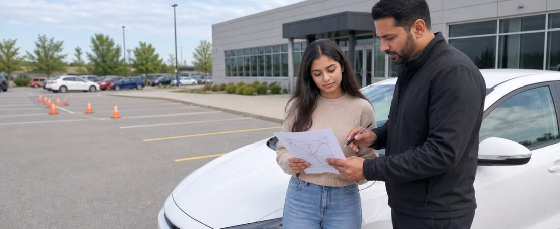 Learner and instructor reviewing a road test route beside a training car at a test centre