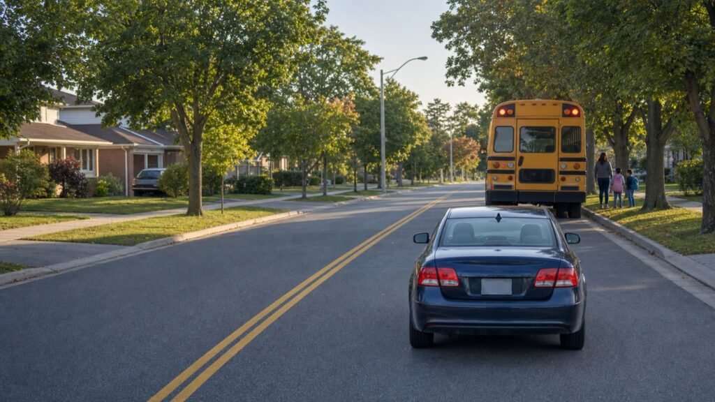 Car stopped a safe distance behind a school bus on a Scarborough street