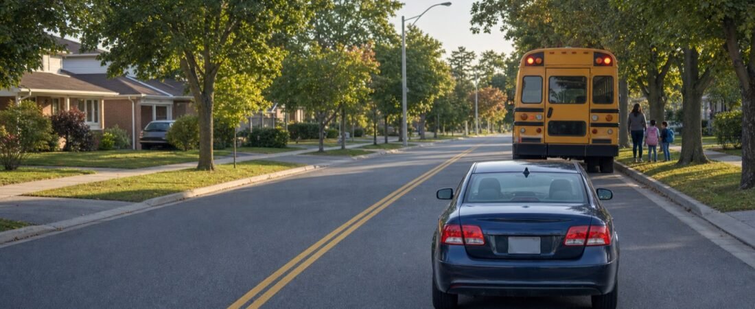 Car stopped a safe distance behind a school bus on a Scarborough street