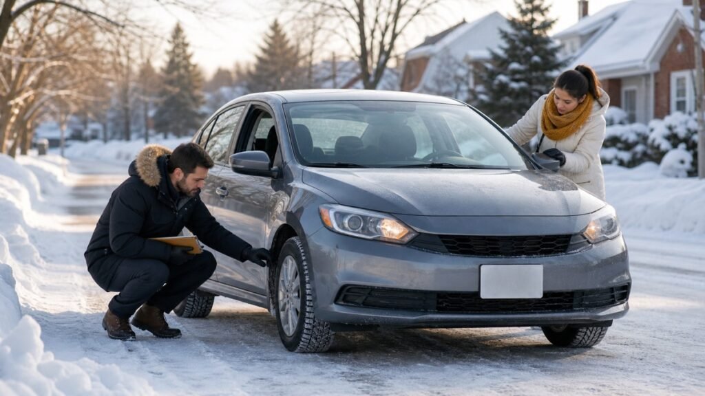 Driving instructor checking winter tires with a student before winter driving practice in Ontario