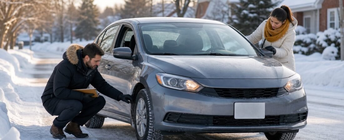 Driving instructor checking winter tires with a student before winter driving practice in Ontario
